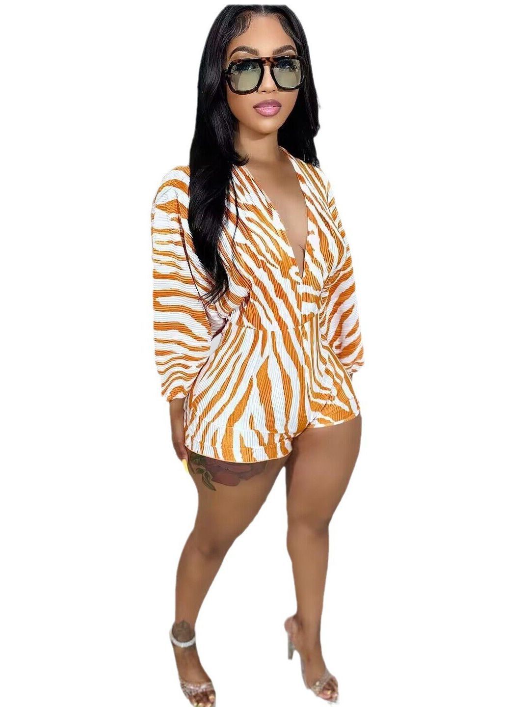 BamBam Autumn Women's Fashion Ribbed Digital Printing Long Sleeve V-Neck Sexy Rompers - BamBam