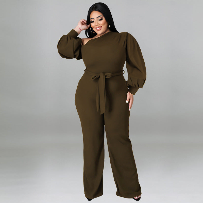 BamBam Plus Size Women Solid Balloon Sleeve Slash Shoulder Belted Jumpsuit - BamBam Clothing