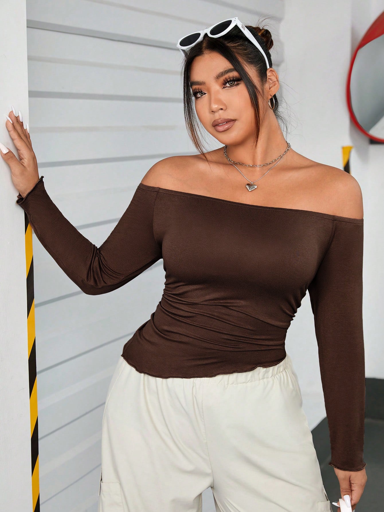 BamBam Plus Size Women's Autumn And Winter Brown Off Shoulder Long Sleeve T-Shirt Sexy Solid Color Top - BamBam