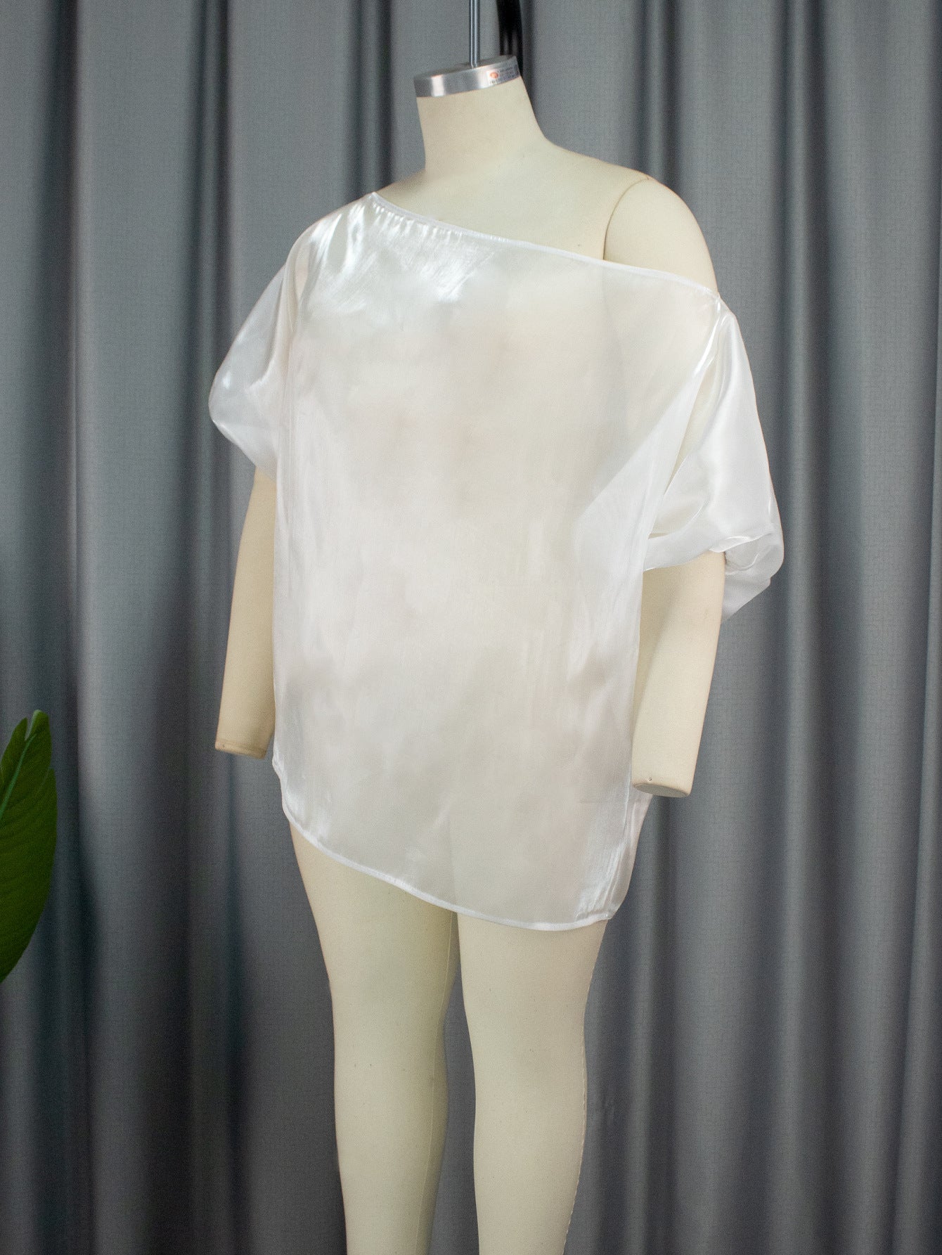 BamBam Women Slash Shoulder Off Shoulder See-Through Lantern Sleeve Top - BamBam