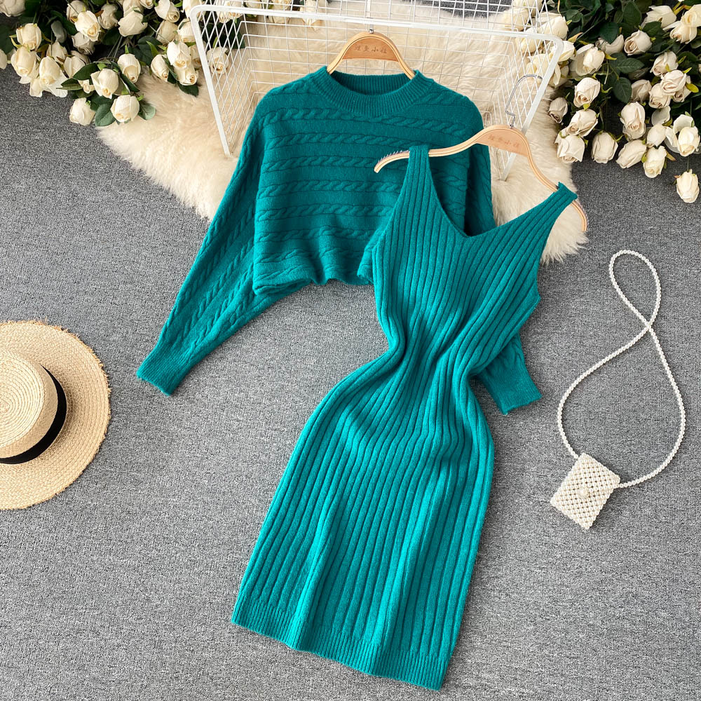 BamBam Women French sexy Bodycon Strap Dress +and loose knitting sweater two-piece set - BamBam