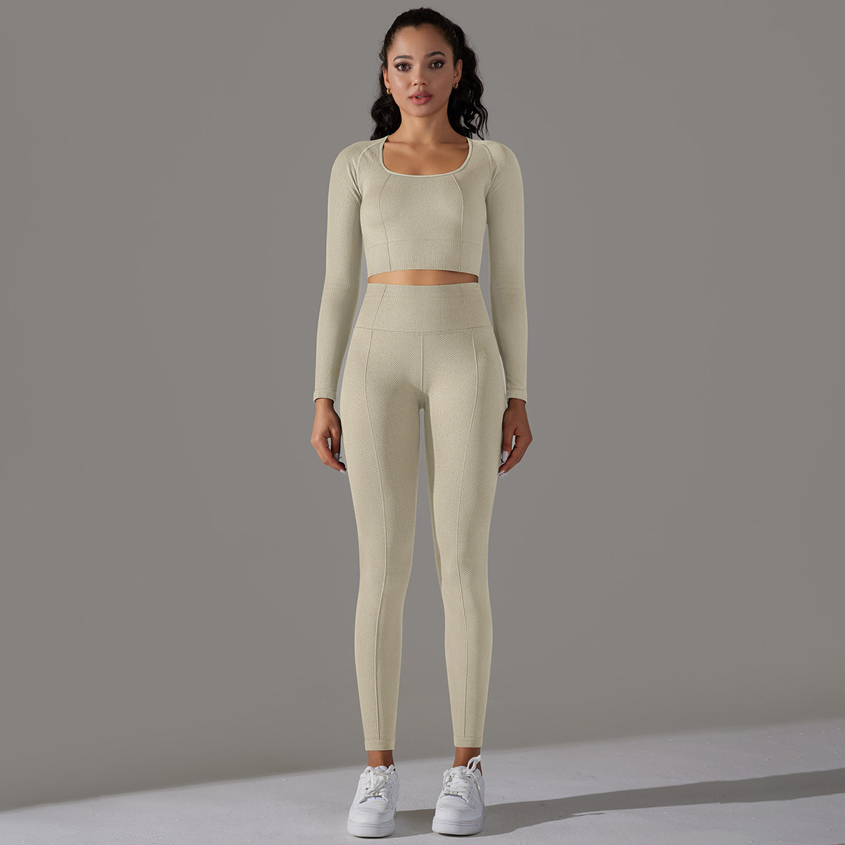 BamBam Seamless Knitting Solid Color Jacquard Low-Cut Tight Fitting Long-Sleeved Yoga Suit Sports Fitness Two-Piece Set - BamBam