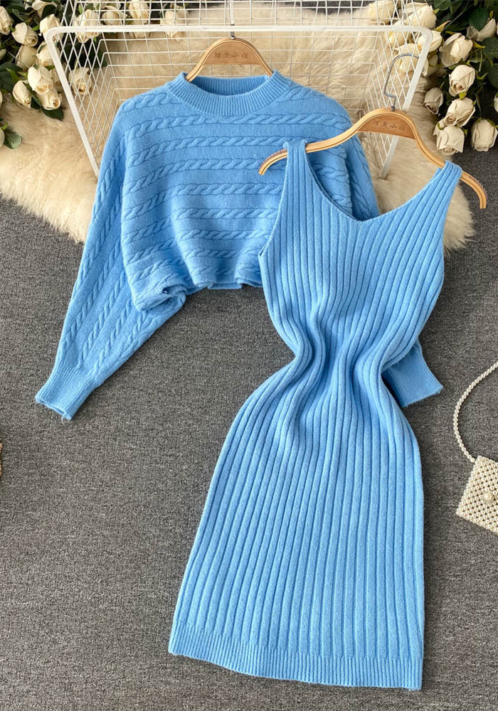 Women French sexy Bodycon Strap Dress +and loose knitting sweater two-piece set