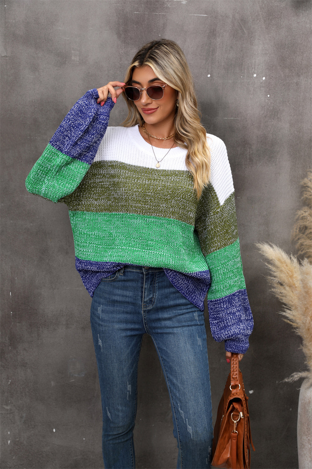 BamBam Autumn/Winter Patchwork Contrast Color Plus Size Loose Pullover Knitting Shirt - BamBam