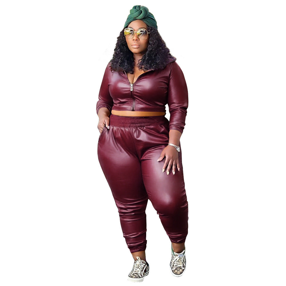 BamBam Plus Size Women's Fashion Casual Solid Color Pu Leather Two-Piece Pants Set For Women - BamBam