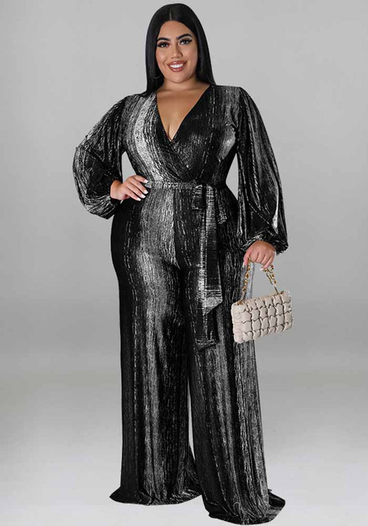 Plus Size Women's Clothing Fall V-Neck Long Sleeve Jumpsuit