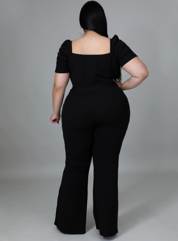 BamBam Women Summer Black Formal Sweetheart Neck Short Sleeves Solid Belted Full Length Regular Plus Size Jumpsuit - BamBam Clothing