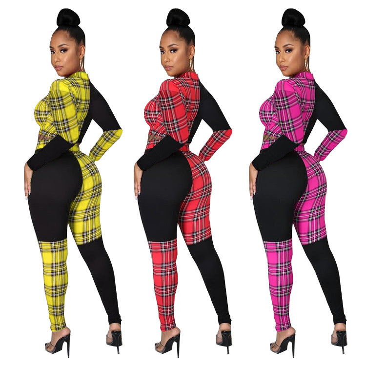 BamBam Women Sexy Plaid Color Block Top and Pant Two-piece Set - BamBam