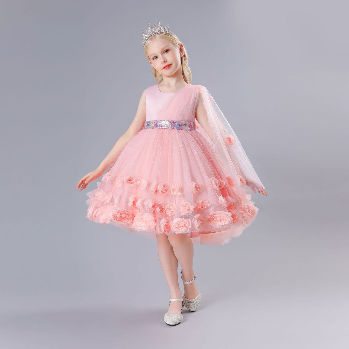 BamBam Summer Girls Evening Dress Children's Clothing Trendy Princess Dress Performance Dress Fluffy Rose Dress - BamBam
