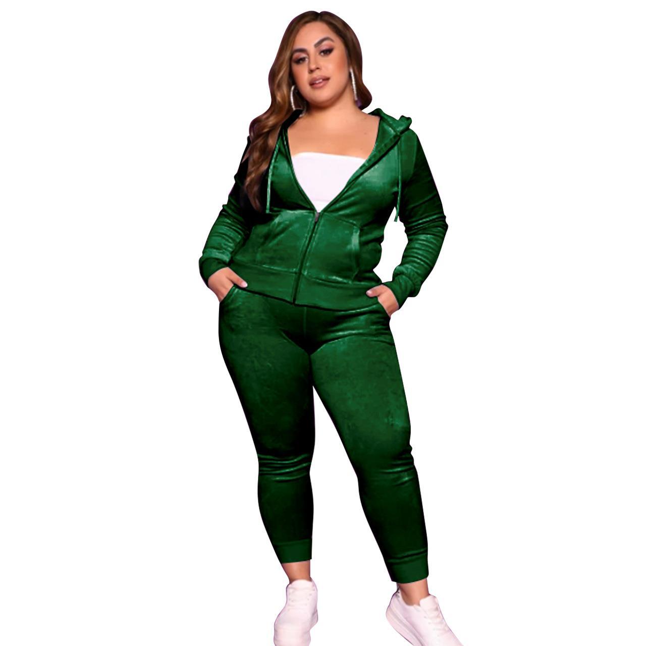 BamBam Plus Size Women Fall/Winter Solid Velvet Casual Top and Pant Two-piece Set - BamBam