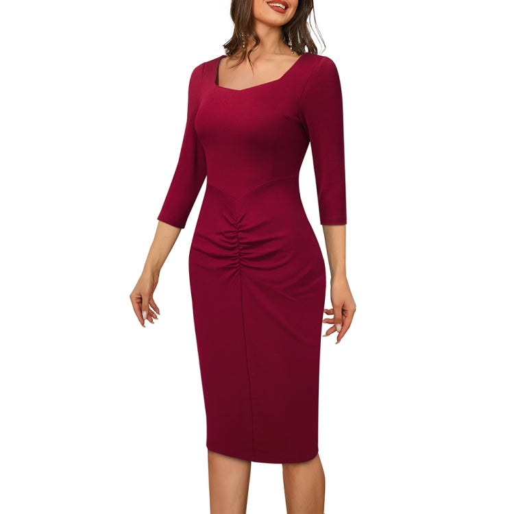 BamBam Career Ladies Square Neck 3/4 Sleeve Patchwork Ruched Tight Fitting Midi Dress - BamBam