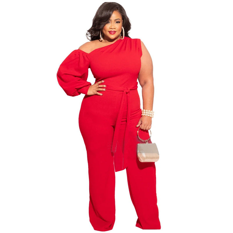 BamBam Fall Plus Size Women'S Slash Shoulder Single Sleeve Wide Leg Jumpsuit With Belt - BamBam Clothing