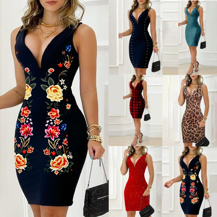 BamBam Women Summer Printed Modest V-neck Sleeveless Floral Print Mini Pencil Club Dress - BamBam Clothing Clothing