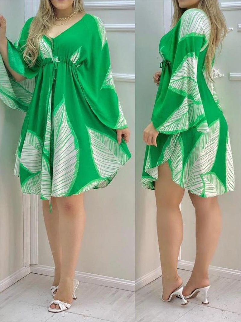 BamBam Plus Size Women Feather Print V-Neck Long Sleeve Loose Dress - BamBam