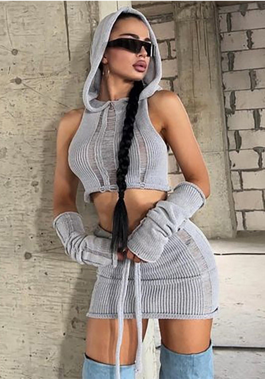 Fall Women sexy Solid knitting hooded Top and high waist Bodycon mini Skirt two-piece set