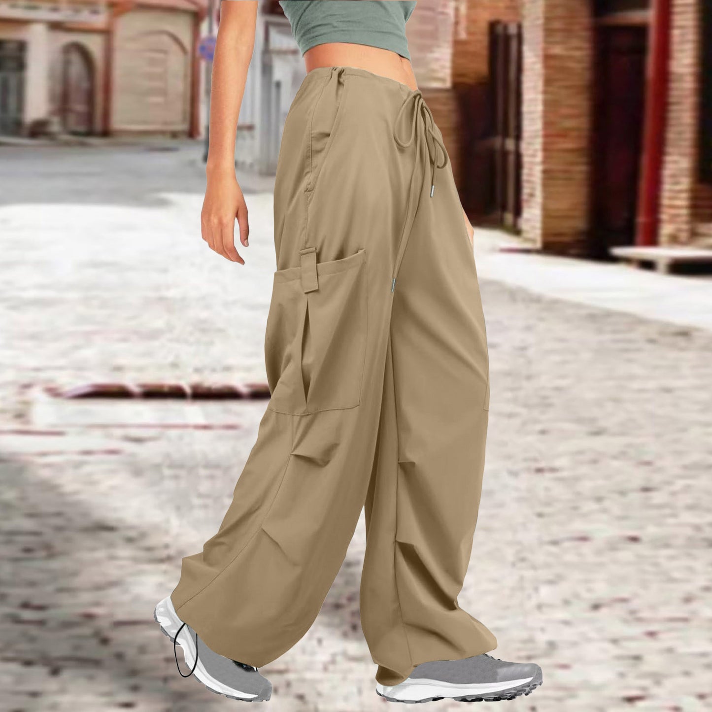 BamBam Women Solid Drawstring Casual Loose Athletic Cargo Pants - BamBam