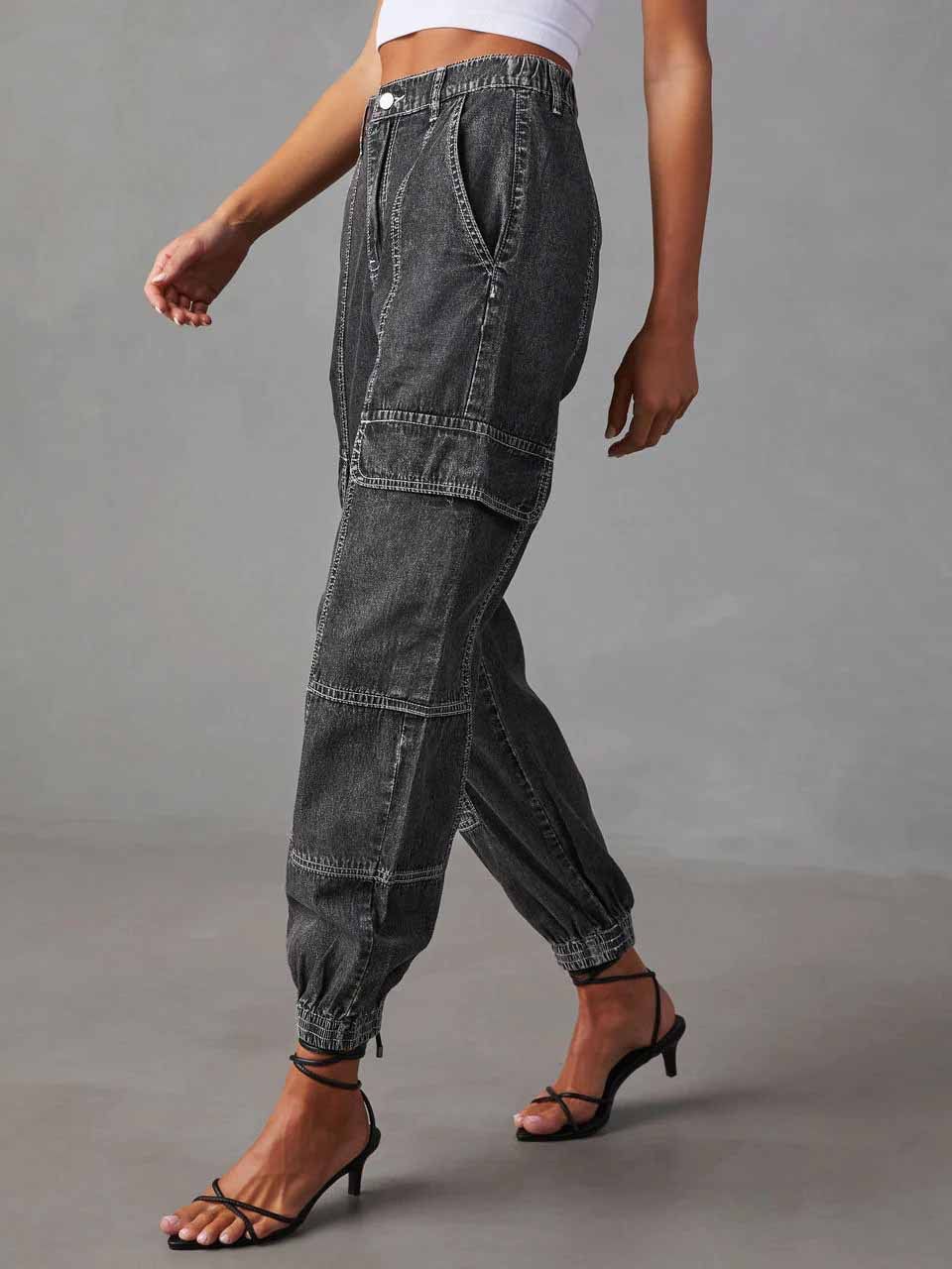 BamBam Cargo Denim Pants Women's Autumn Fashion Casual Elastic Waist Loose Women's Jeans - BamBam