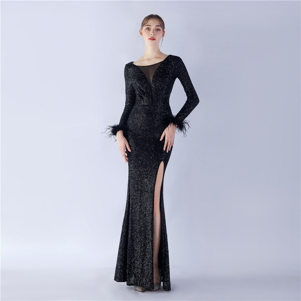 BamBam Women Elegant Ostrich Feather Long Sleeve Sequined Formal Party Evening Dress - BamBam Clothing