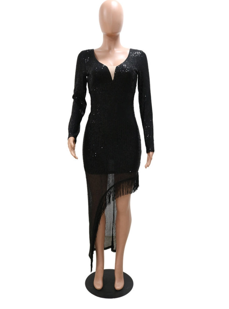 BamBam Women Spring Black Modest V-neck Full Sleeves Fringed Asymmetrical Fringed Evening Dress - BamBam Clothing