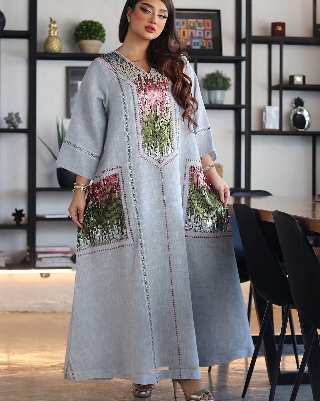 BamBam Jalabiya Dubai Sequin Embroidered Robe Ramadhan Muslim Women Clothing Indonesia Abaya - BamBam