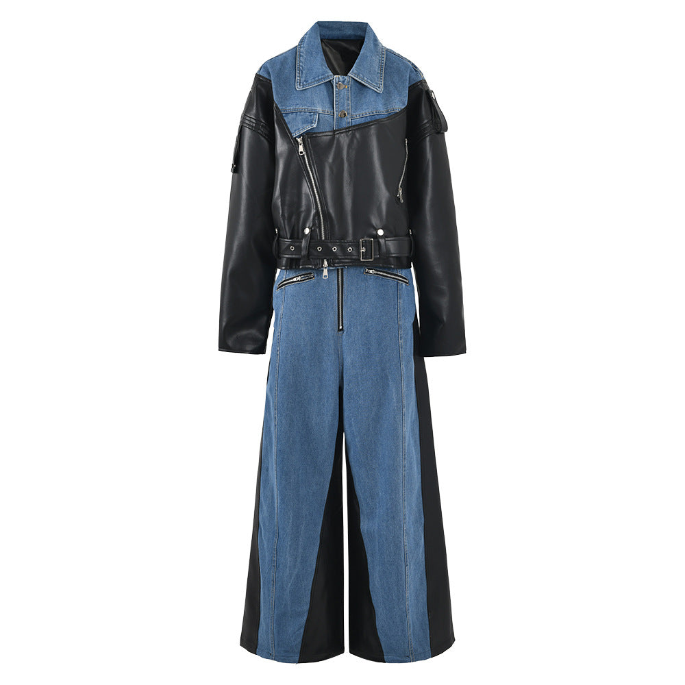 BamBam Autumn And Winter New Denim Patchwork Pu Jacket + Super Wide-Leg Pants Two-Piece Set - BamBam