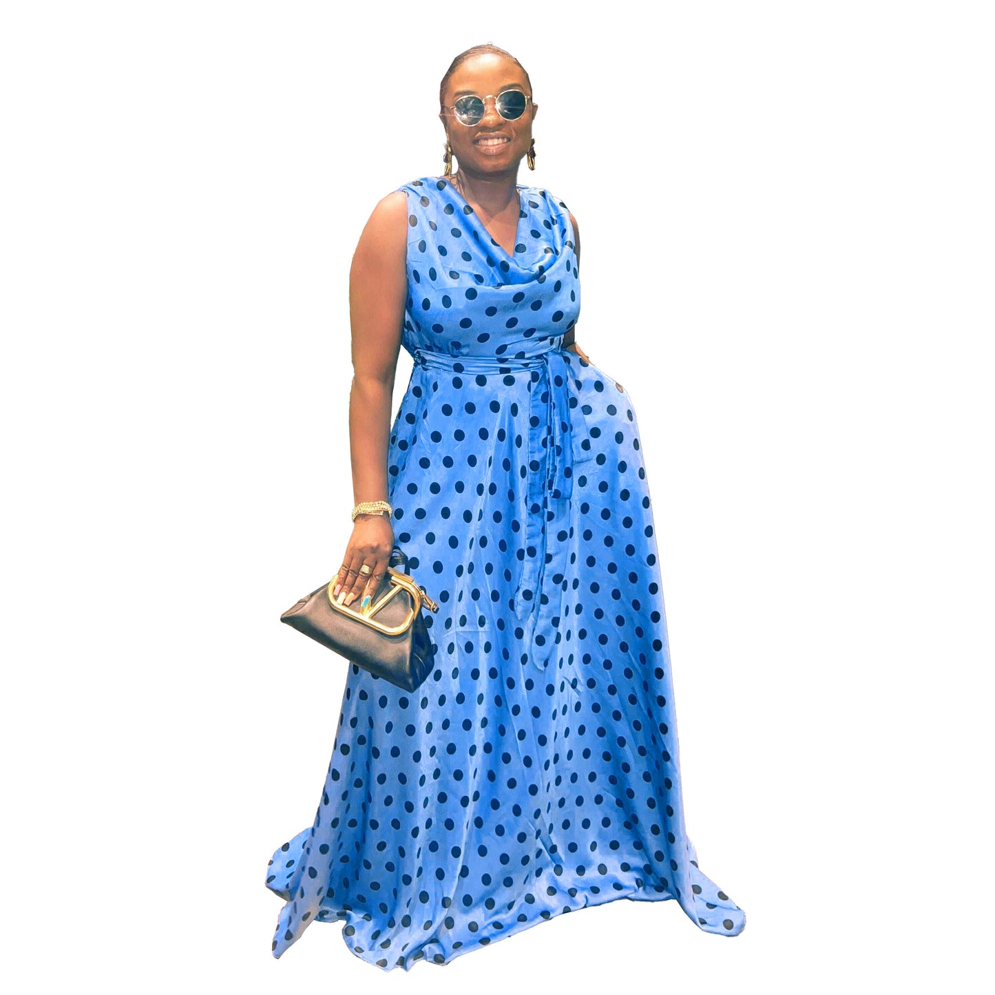 BamBam Sexy Fit Polka Dot Print Plus Size Belted Sleeveless Maxi Dress - BamBam