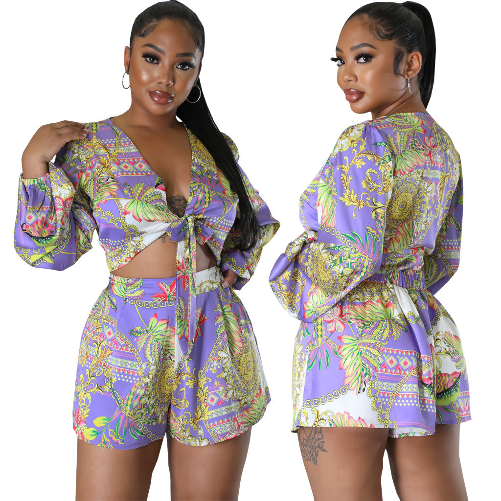 BamBam Sexy And Fashionable Print Long-Sleeved Women's Top Shorts Two-Piece Set - BamBam