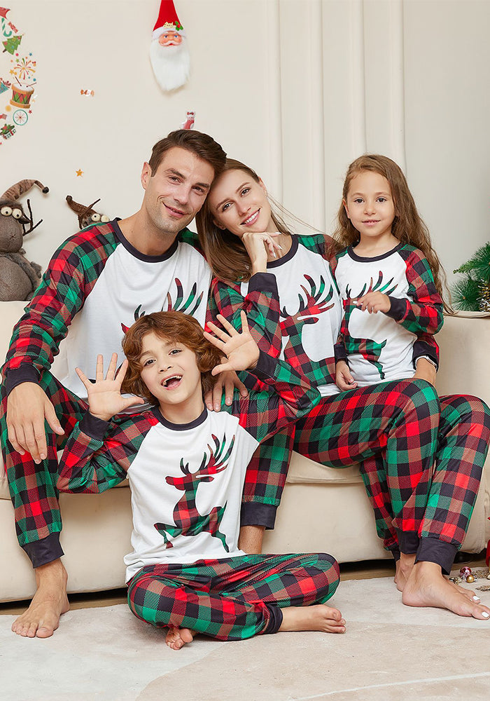 Christmas cartoon elk plaid print Family Pajama two-piece set