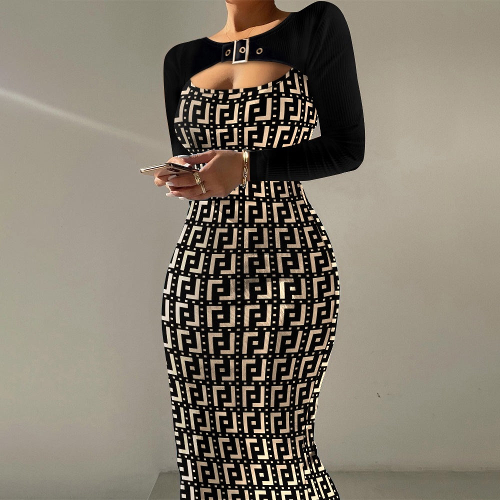 BamBam Women'S Fall Tight Fitting Print Contrast Long Sleeve Keyhole Plus Size Dress - BamBam