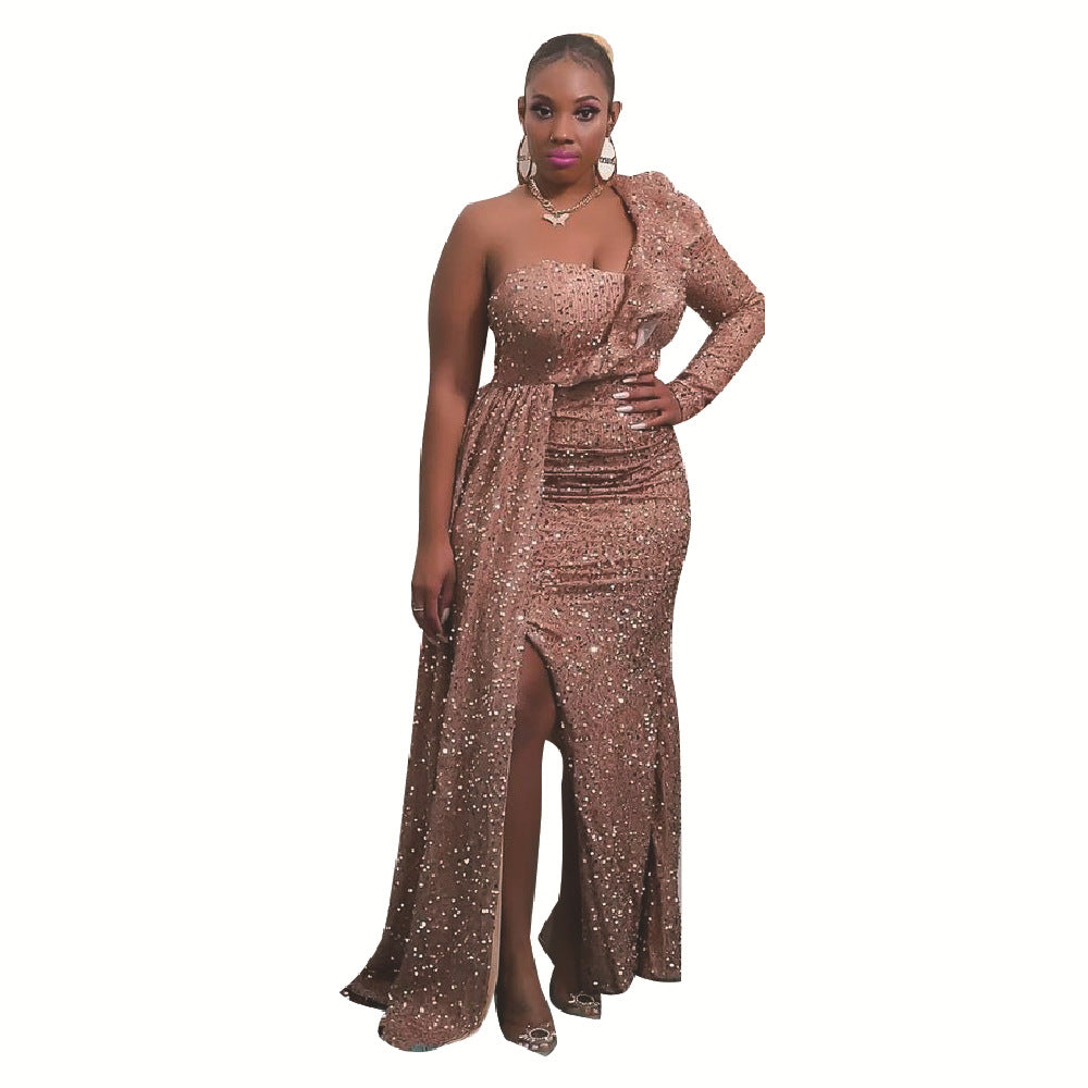 BamBam Winter African Women Dress Fashion One Shoulder Sequin Bridesmaid Dress Party Long Dress - BamBam