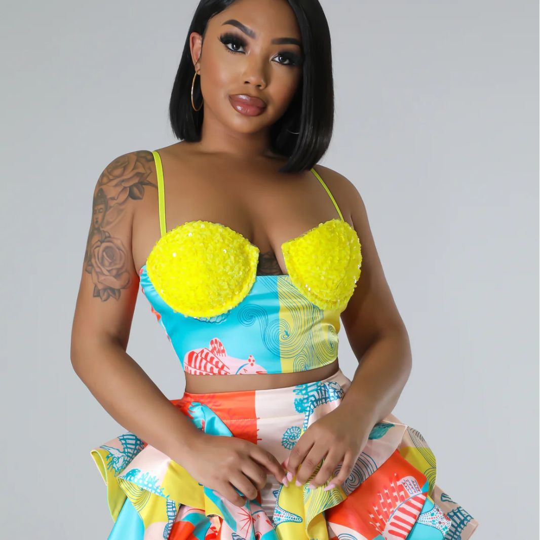 BamBam Women sexy printed beaded suspenders Strapless Top and Mini Skirt two-piece set - BamBam