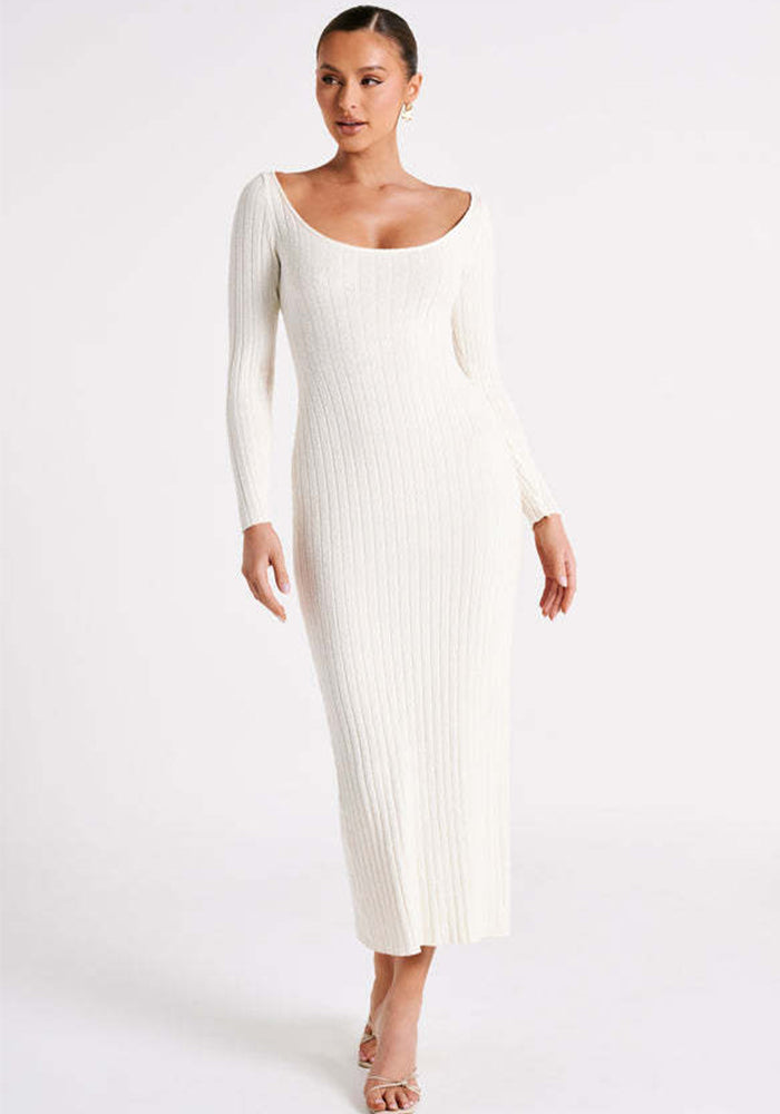 Women Autumn and Winter Round Neck Long Sleeve Slit Sexy Knitting Dress