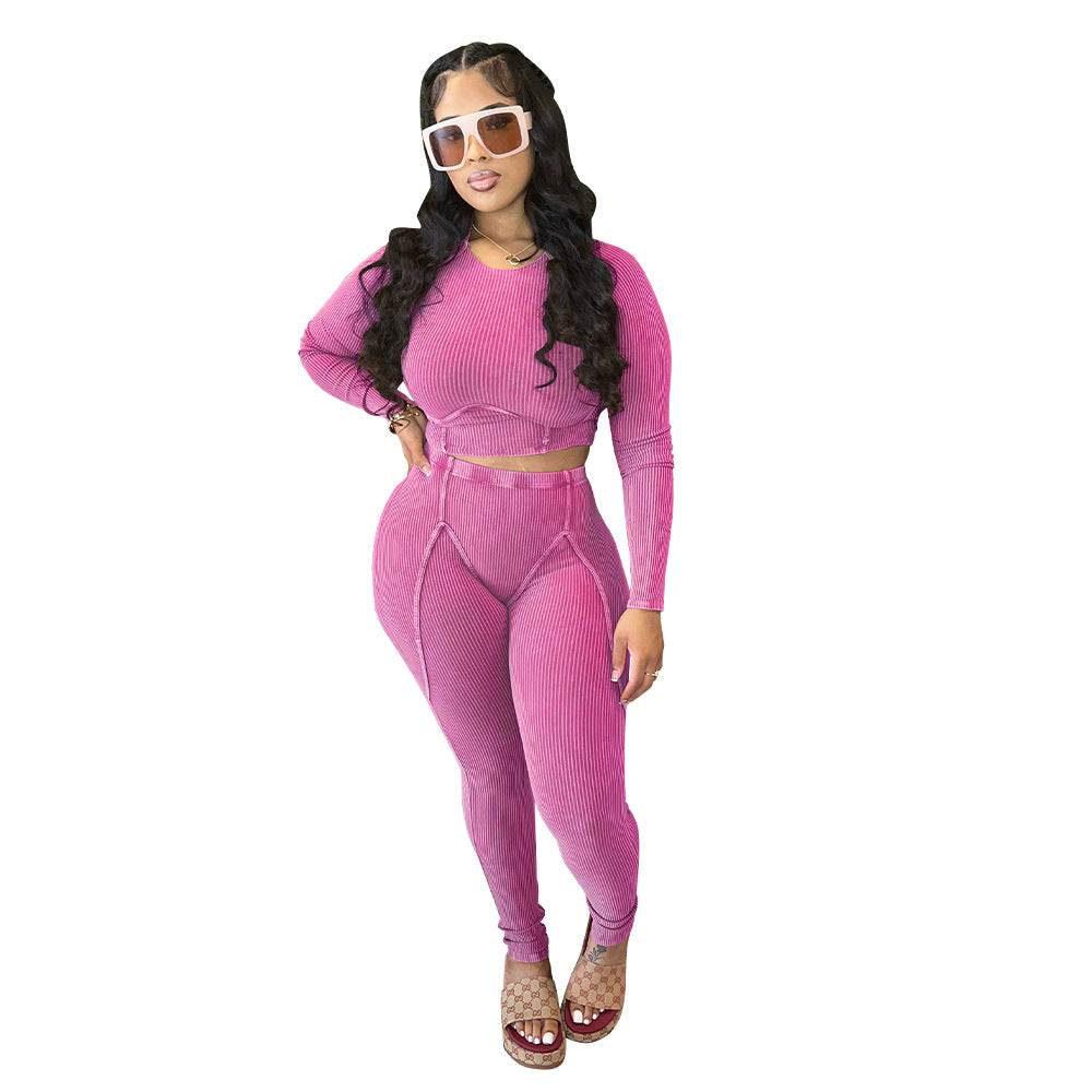 BamBam Women Sexy Ribbed Long Sleeve Top and Pant Two-piece Set - BamBam