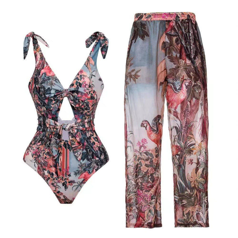 BamBam Spring One-Piece Swimsuit Sexy Printed Mesh High Waist Trousers Two Piece Set - BamBam