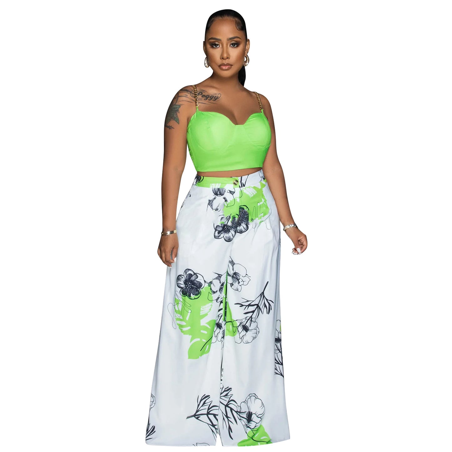 BamBam Women Sexy Sling Printed Wide Leg Pants Two-piece Set - BamBam