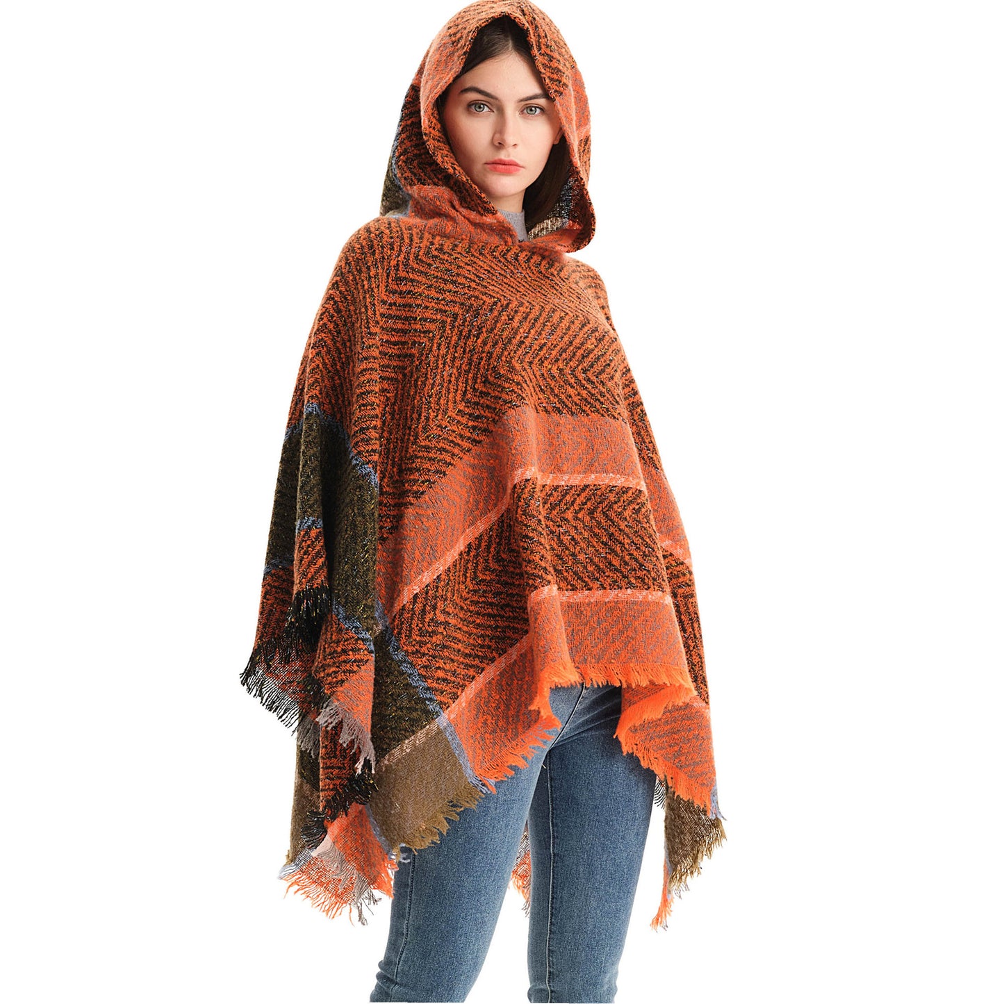 BamBam Women herringbone pattern hooded shawl cloak - BamBam