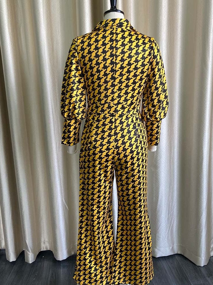 BamBam Spring Elegant Plus Size Yellow Plaid V-neck Puff Sleeve Loose Jumpsuit - BamBam Clothing