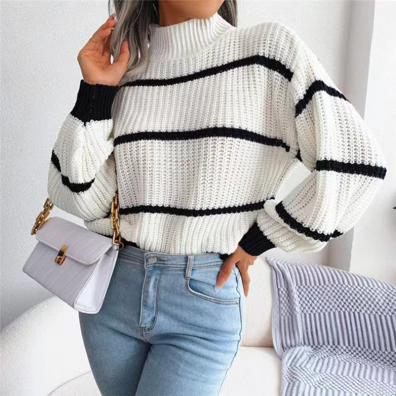 BamBam Autumn And Winter Casual Striped Lantern Sleeve Half Turtleneck Knitting Pullover Sweater For Women - BamBam