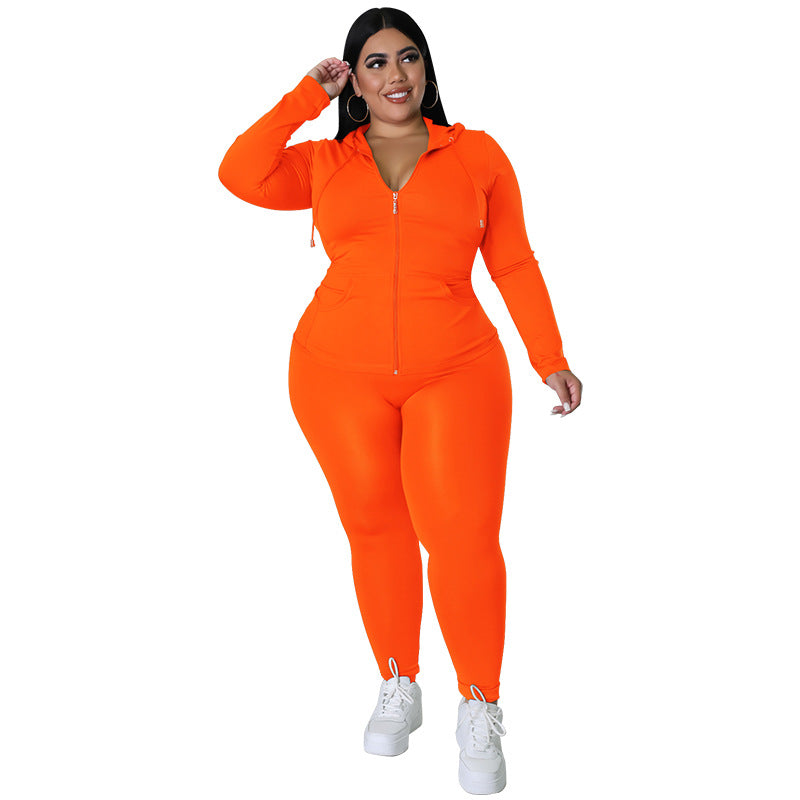 BamBam Plus Size Women's Solid Fall Hood Long Sleeve Pants Fashion Casual Set - BamBam Clothing