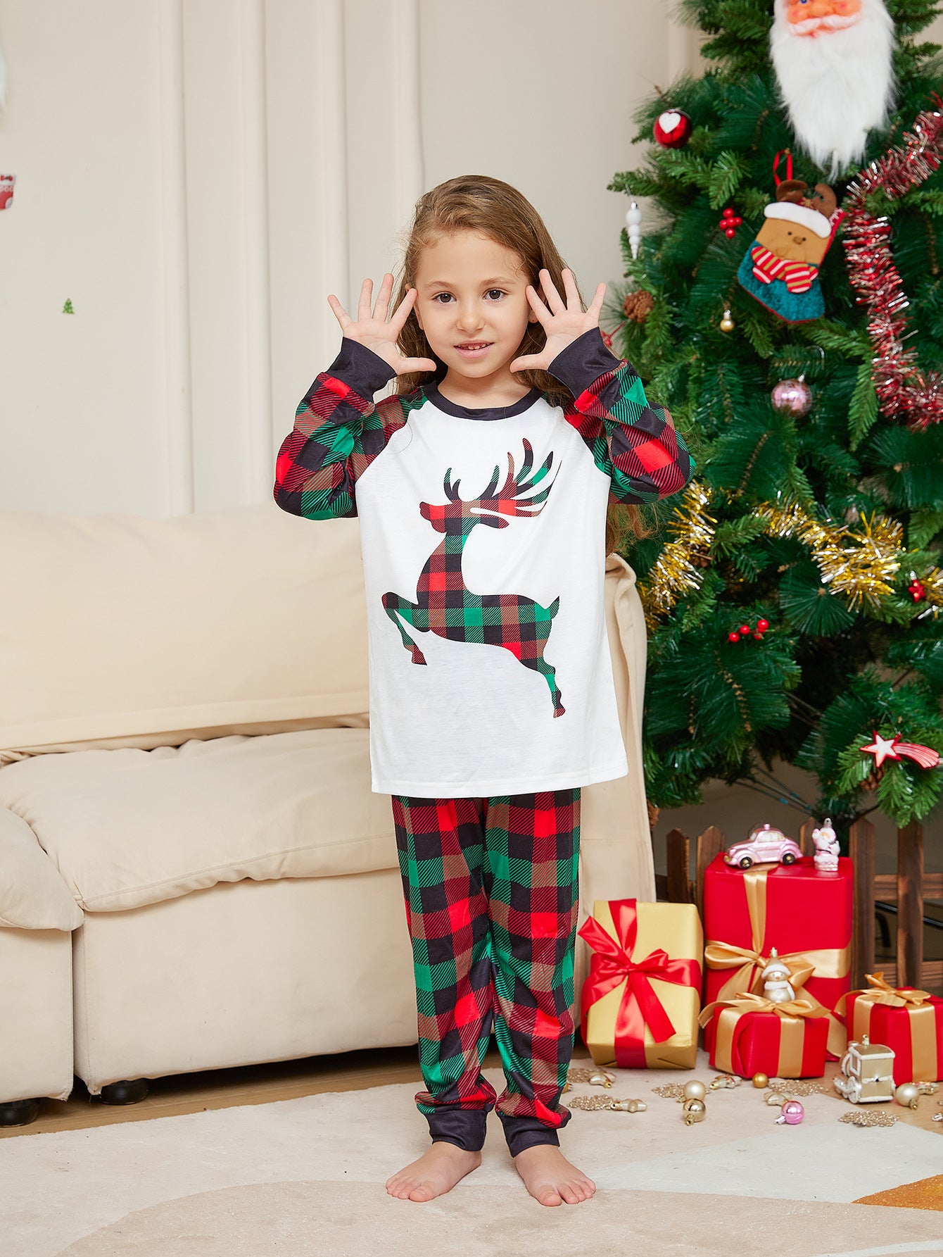 BamBam Christmas cartoon elk plaid print Family Pajama two-piece set - BamBam