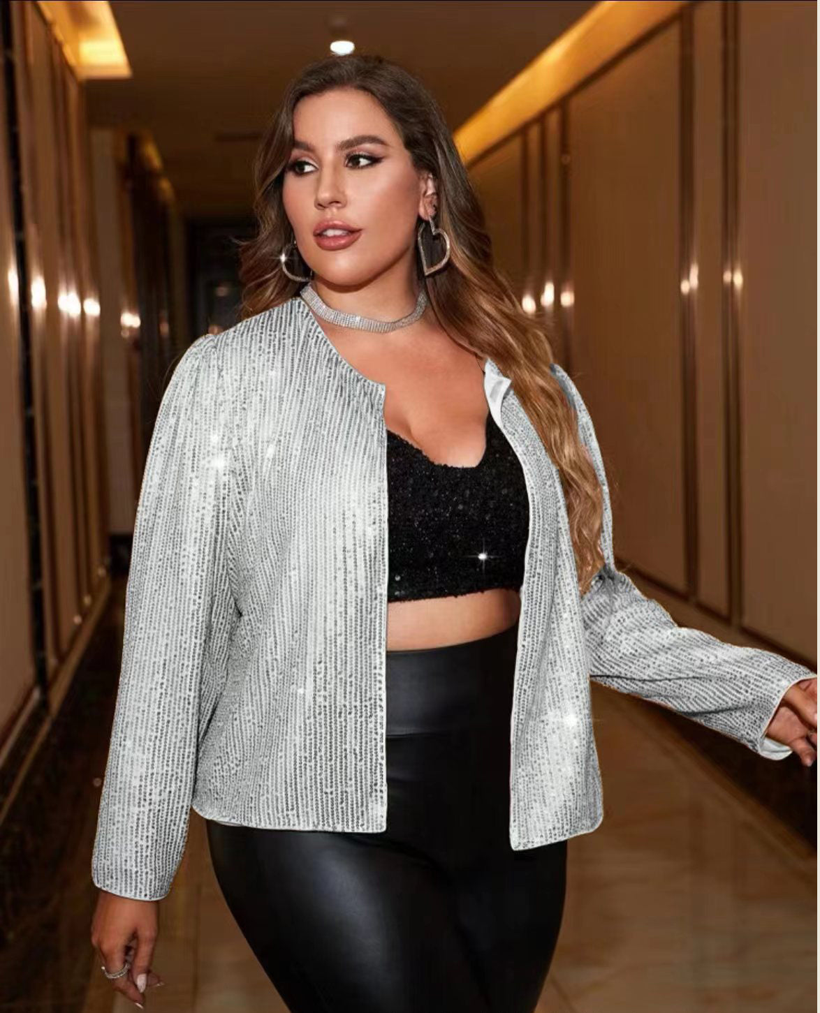 BamBam Plus Size Women Solid Sequin Round Neck Long Sleeve Jacket - BamBam Clothing