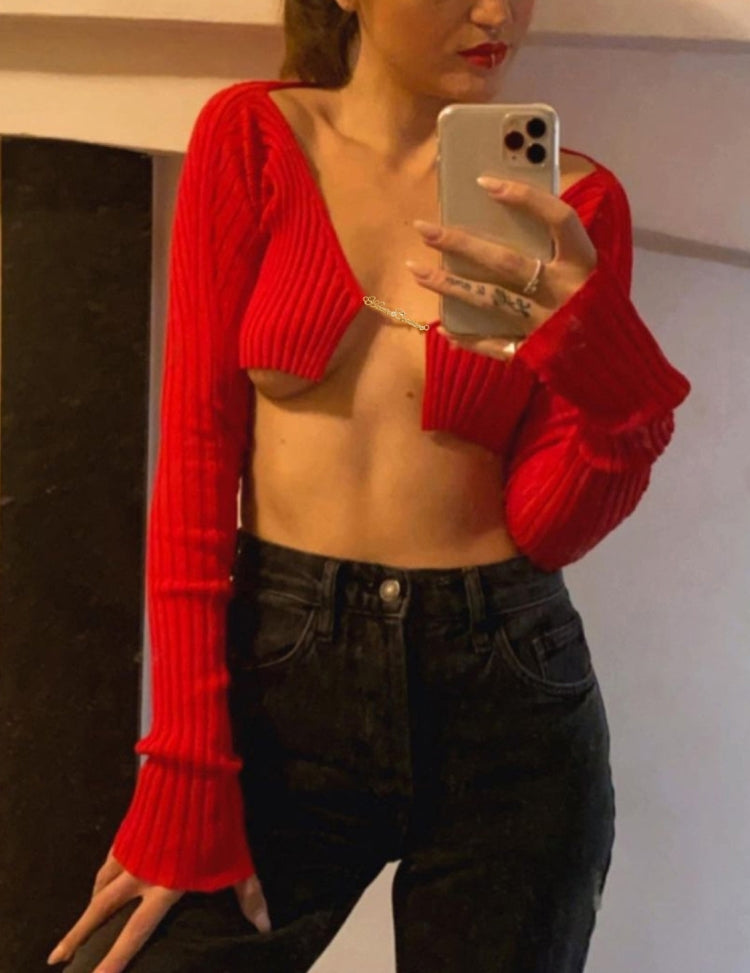 BamBam Autumn Party Sexy Knit Red Crop Top - BamBam