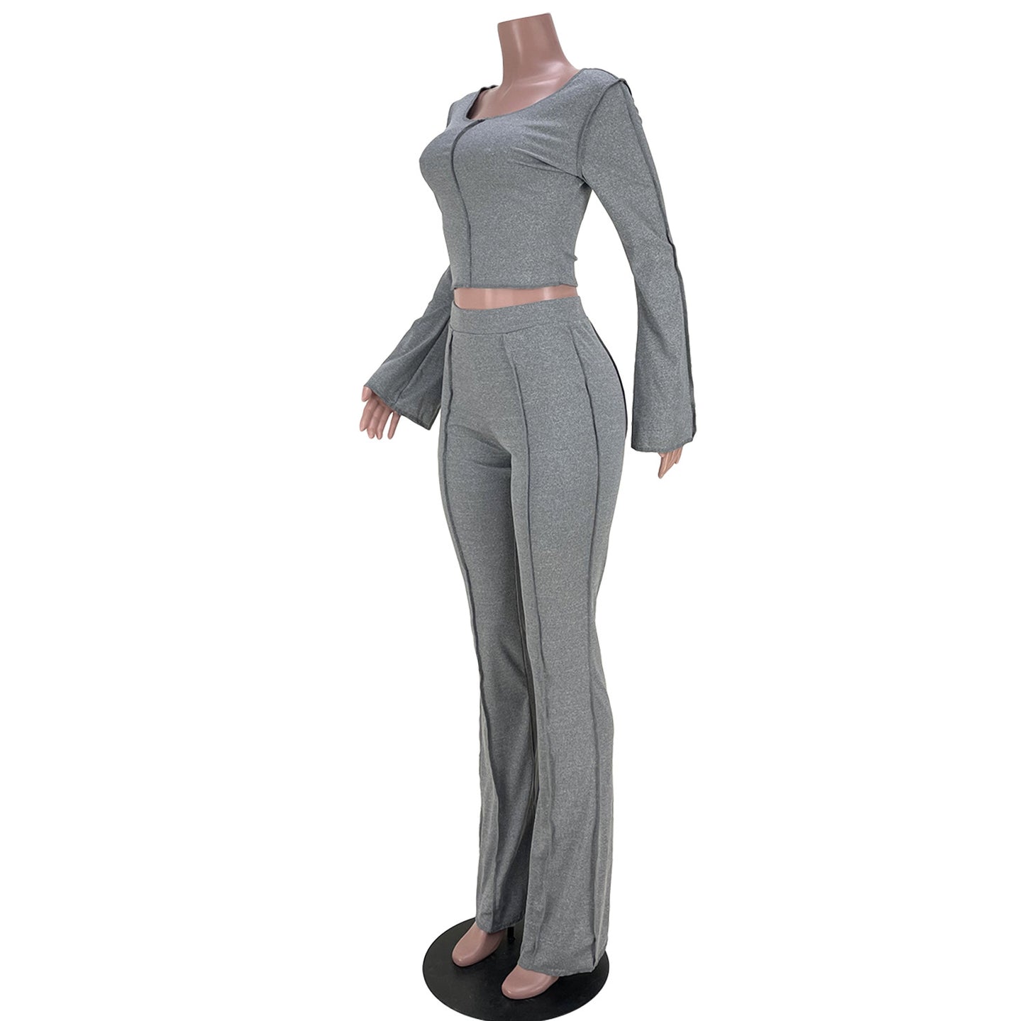 BamBam Women Ribbed Long Sleeve Top and Bell Bottom Pants Casual Two Piece Set - BamBam