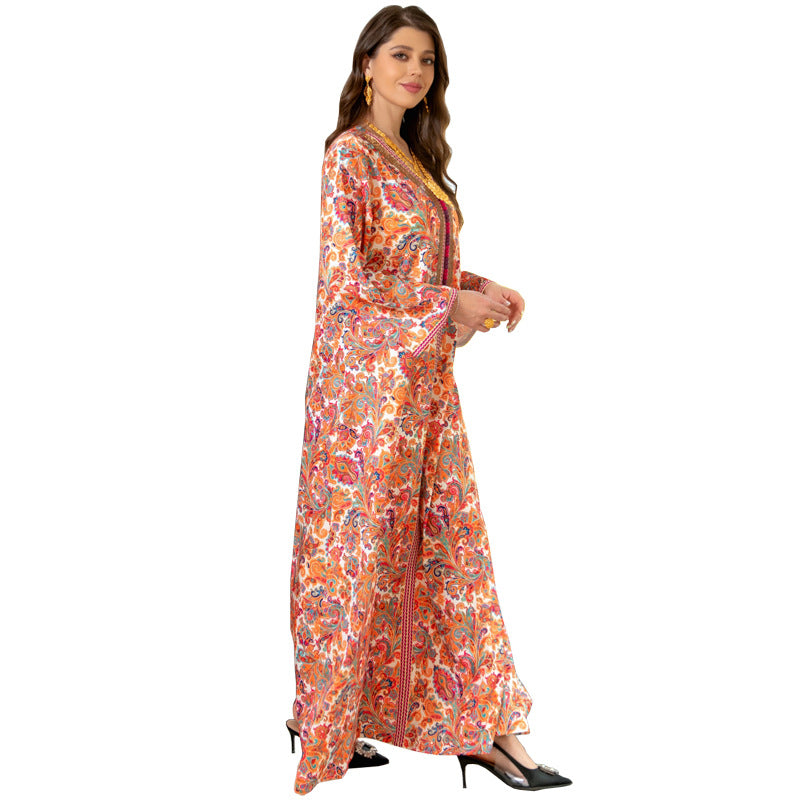 BamBam Women's Fashion Muslim Robe Print Beaded Abaya Dress - BamBam