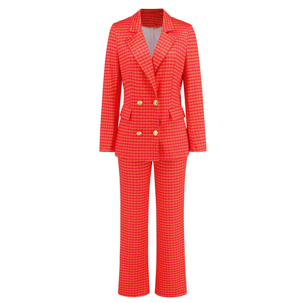 BamBam Women autumn and winter houndstooth double-breasted Blazer+ straight trousers two-piece set - BamBam Clothing