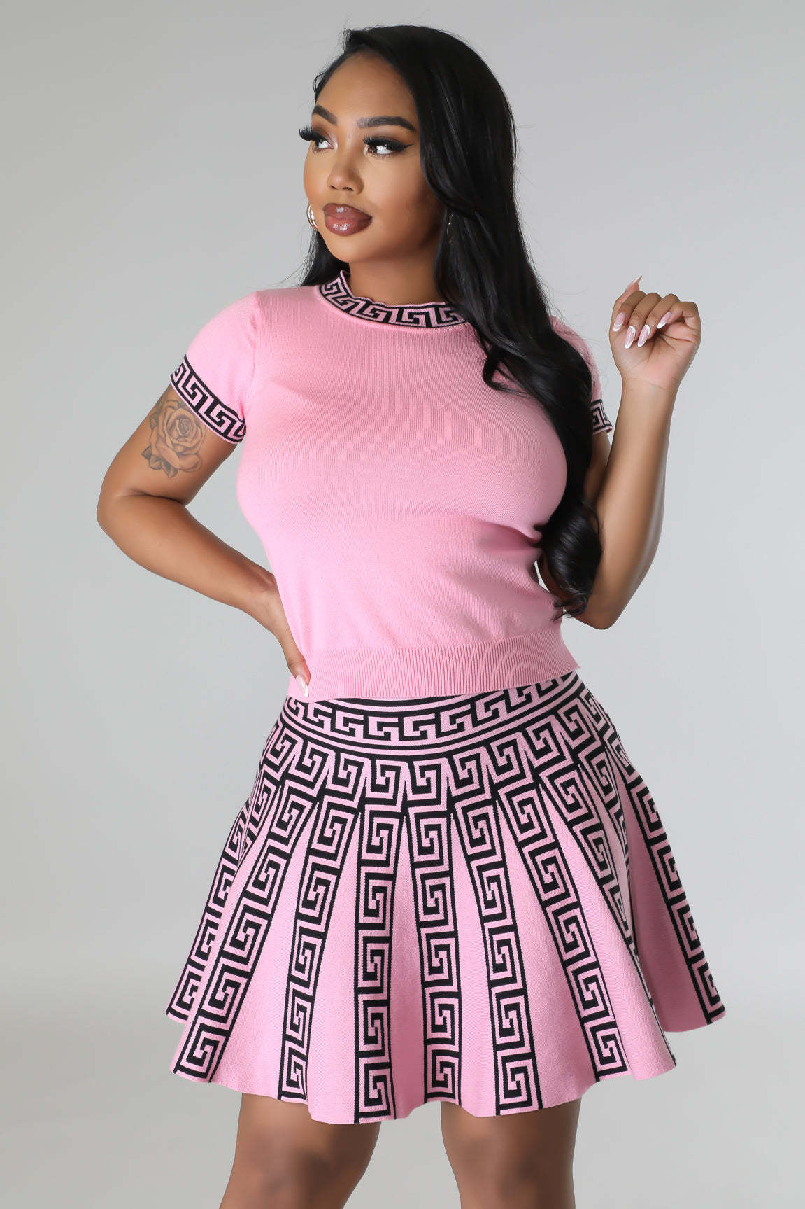 BamBam Fashion Print Round Neck Short Sleeve Pleated Two-Piece Skirt Set Female - BamBam