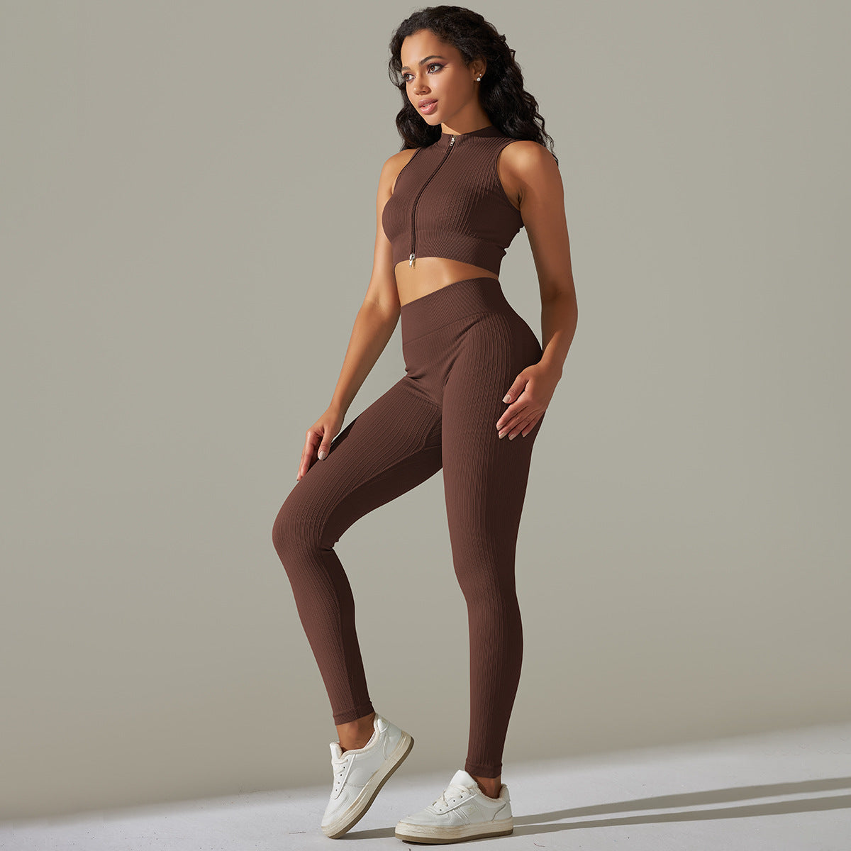 BamBam Seamless Knitting Ribbed Zipper Sports Yoga Clothing Six-Piece Running Fitness Clothing Set - BamBam