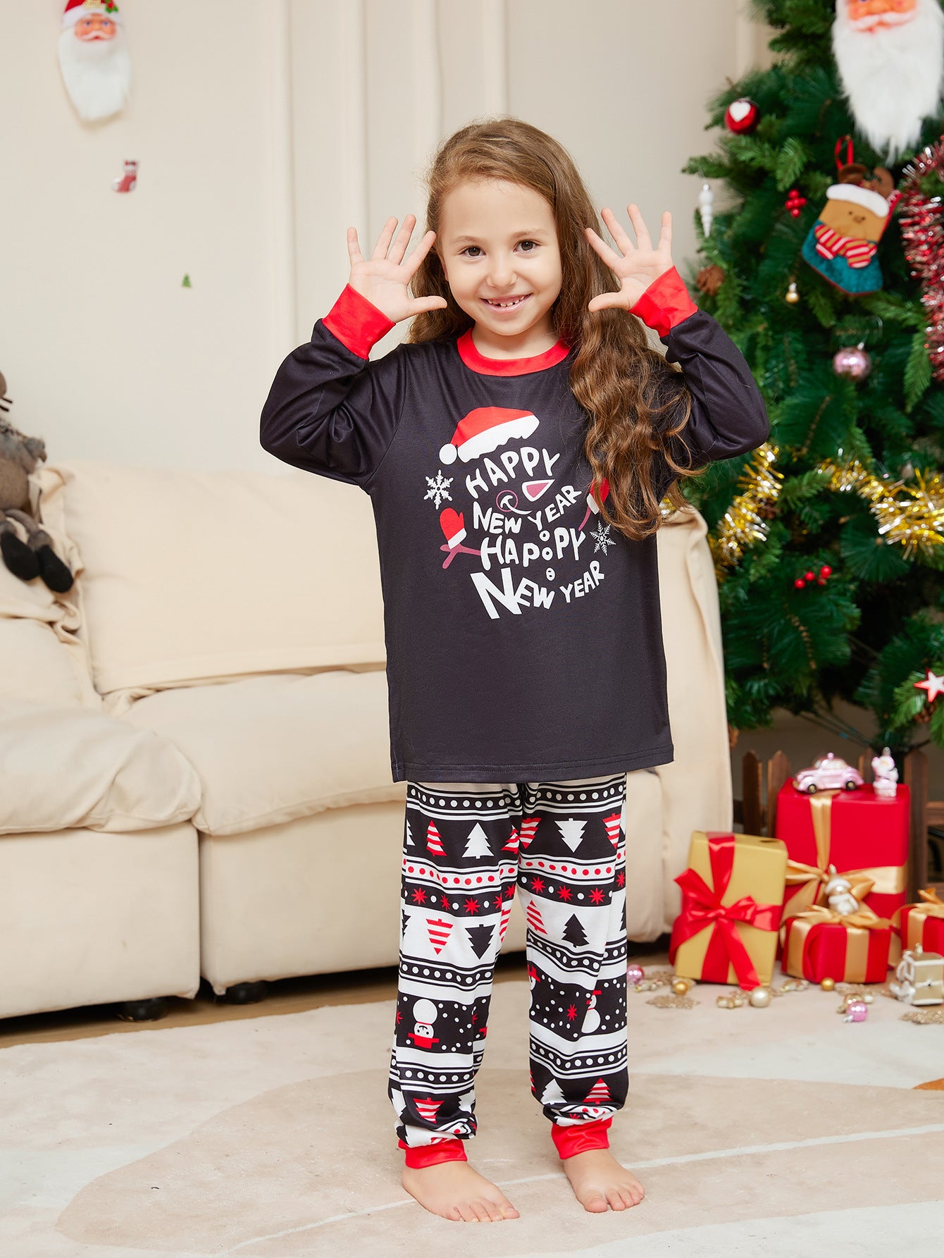 BamBam Christmas Cartoon Hat Letter Round Neck Long Sleeve Family Pajama Two-piece Set - BamBam