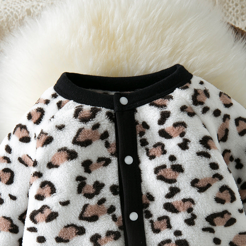 BamBam Autumn And Winter Newborn Baby Jumpsuit Warm Fleecee Long-Sleeved Baby Leopard Print Jumpsuit Cute Baby Crawling Set - BamBam