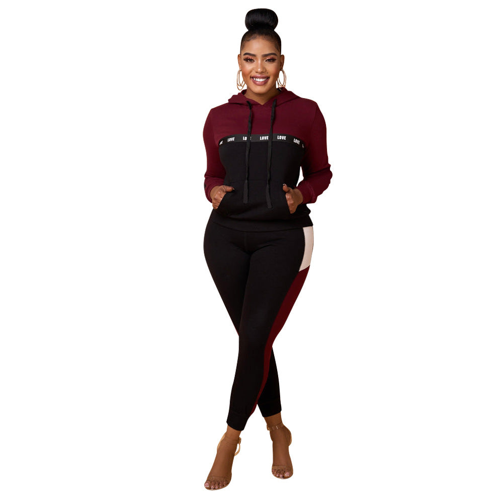 BamBam Women's Autumn And Winter Fashion Contrast Color Tracksuit Two-Piece Pants Set - BamBam